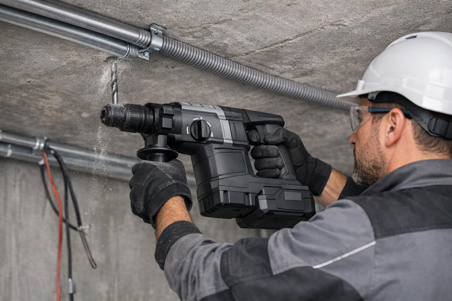 zdjęcie młotowiertarki w użyciu podczas montażu instalacji