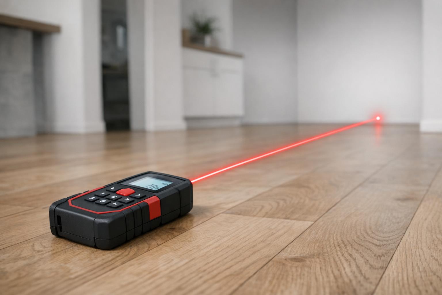 dalmierz laserowy leżący na podłodze w trakcie pomiaru wnętrza