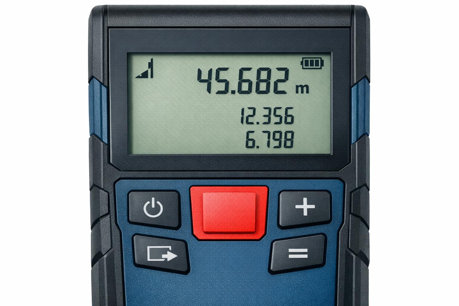 techniczne zbliżenie na wyświetlacz i przyciski dalmierza Bosch